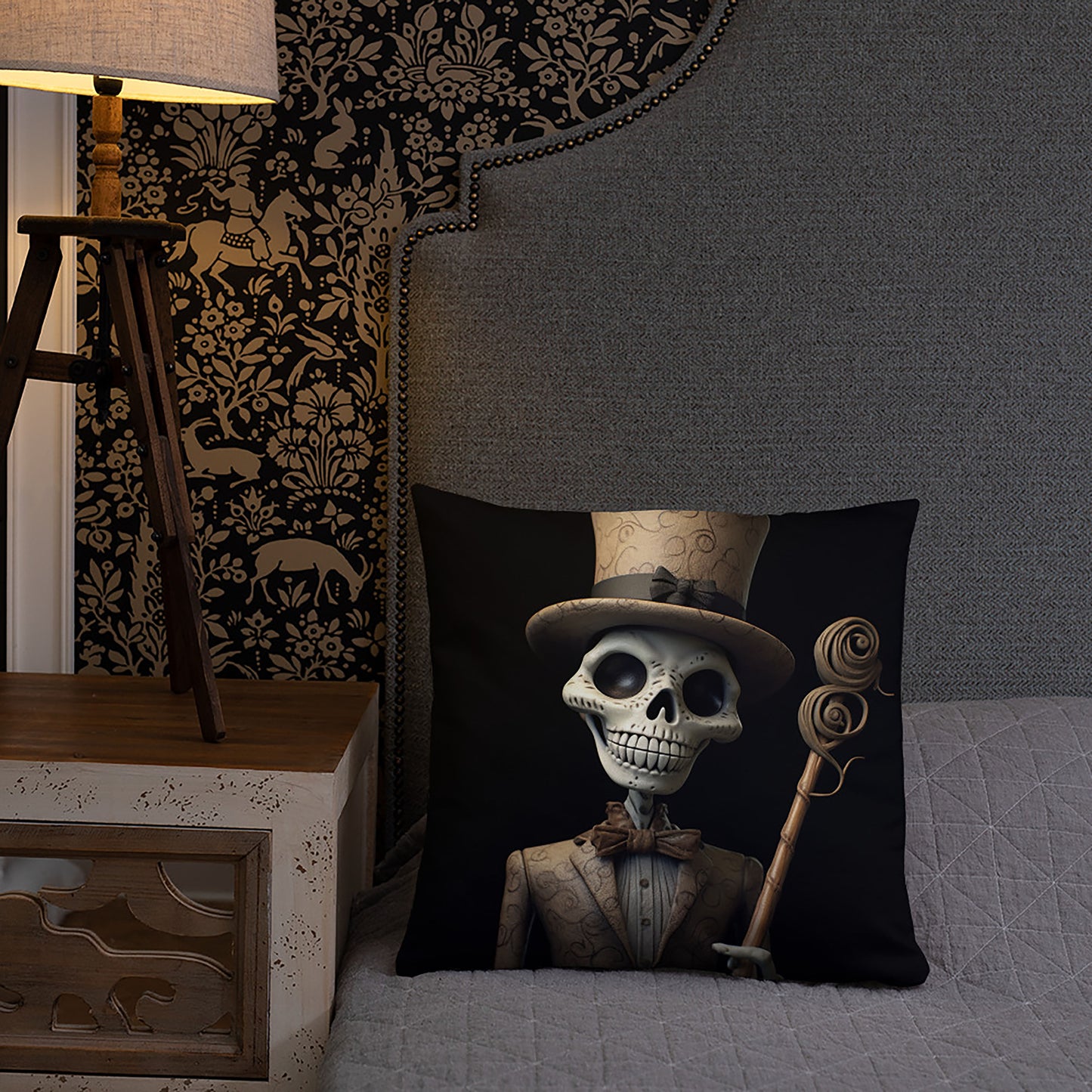 Halloween Throw Pillow Charming Skeleton with Top Hat and Cane Polyester Decorative Cushion 18x18