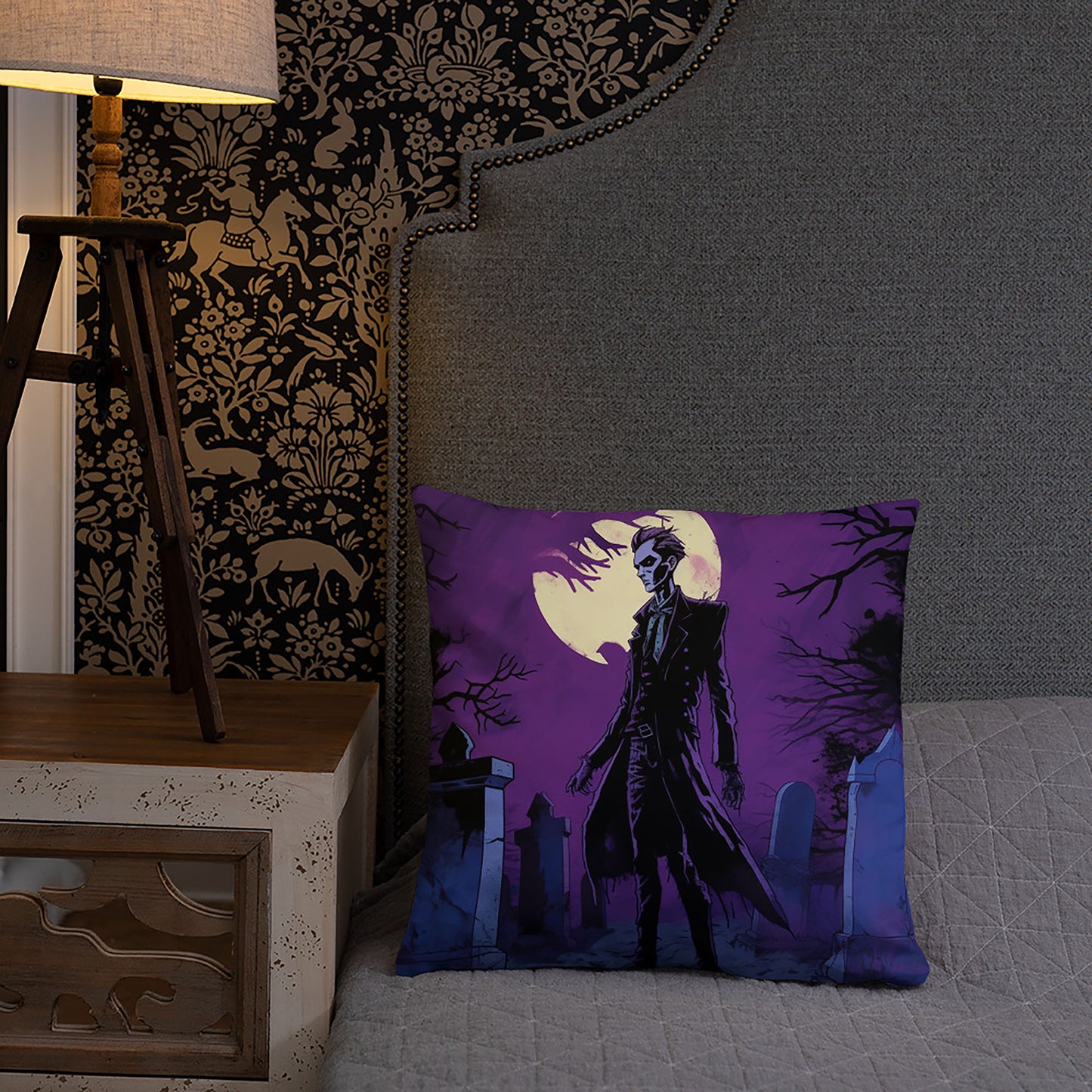 Halloween Throw Pillow Full Moon Vampire in Graveyard Polyester Decorative Cushion 18x18