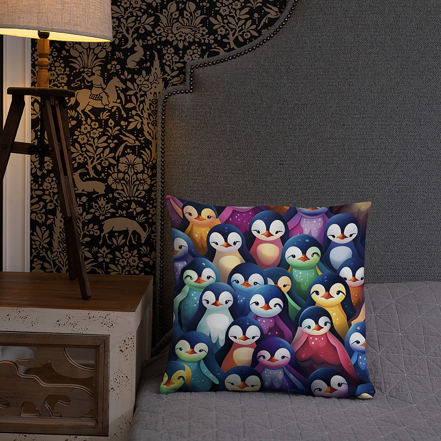 Bird Throw Pillow Vibrant Penguin Pattern Polyester Decorative Cushion 18x18