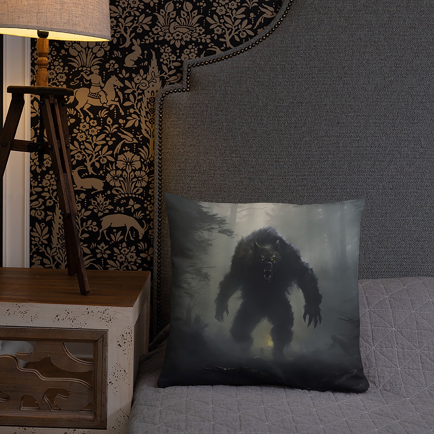 Halloween Throw Pillow Epic Portraiture of Foggy Day Werewolf Polyester Decorative Cushion 18x18