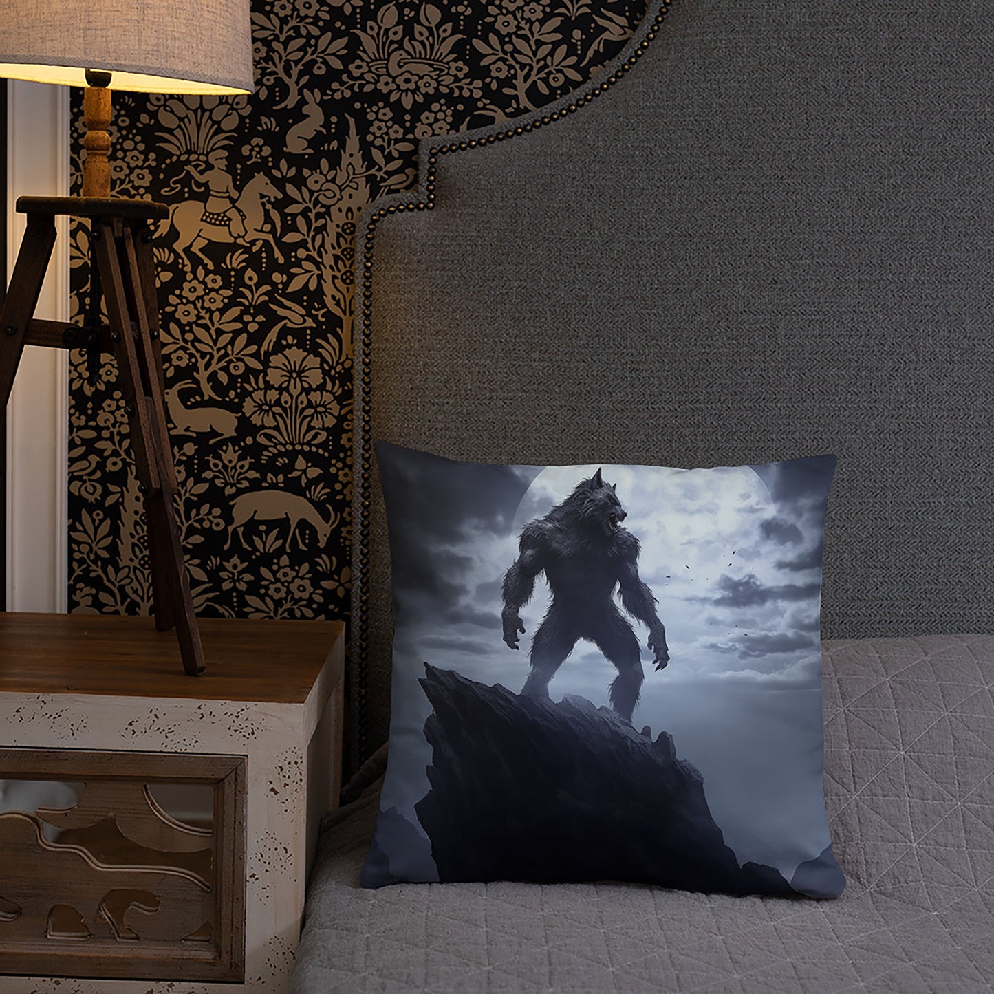 Halloween Throw Pillow Iconic Full Moon Werewolf Cliffside Polyester Decorative Cushion 18x18