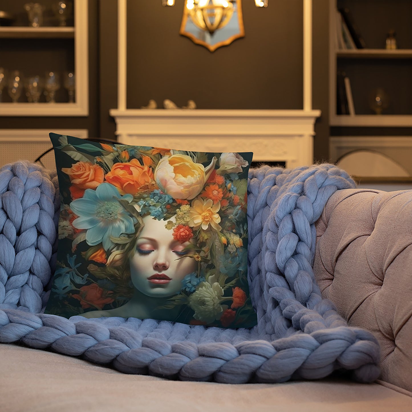 Floral Throw Pillow Female Muse Artistic Polyester Decorative Cushion 18x18