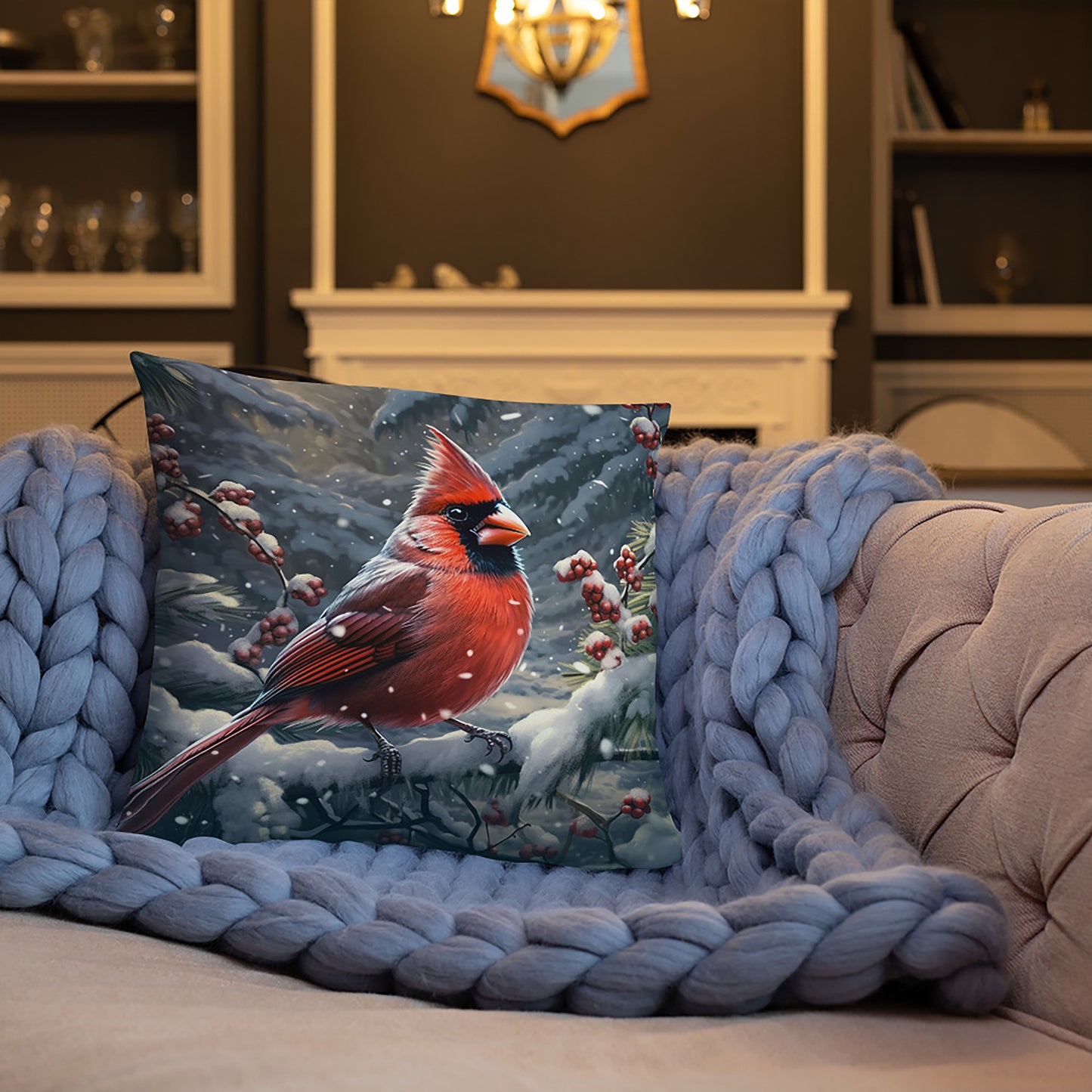 Bird Throw Pillow Winter Cardinal Serenity Polyester Decorative Cushion 18x18