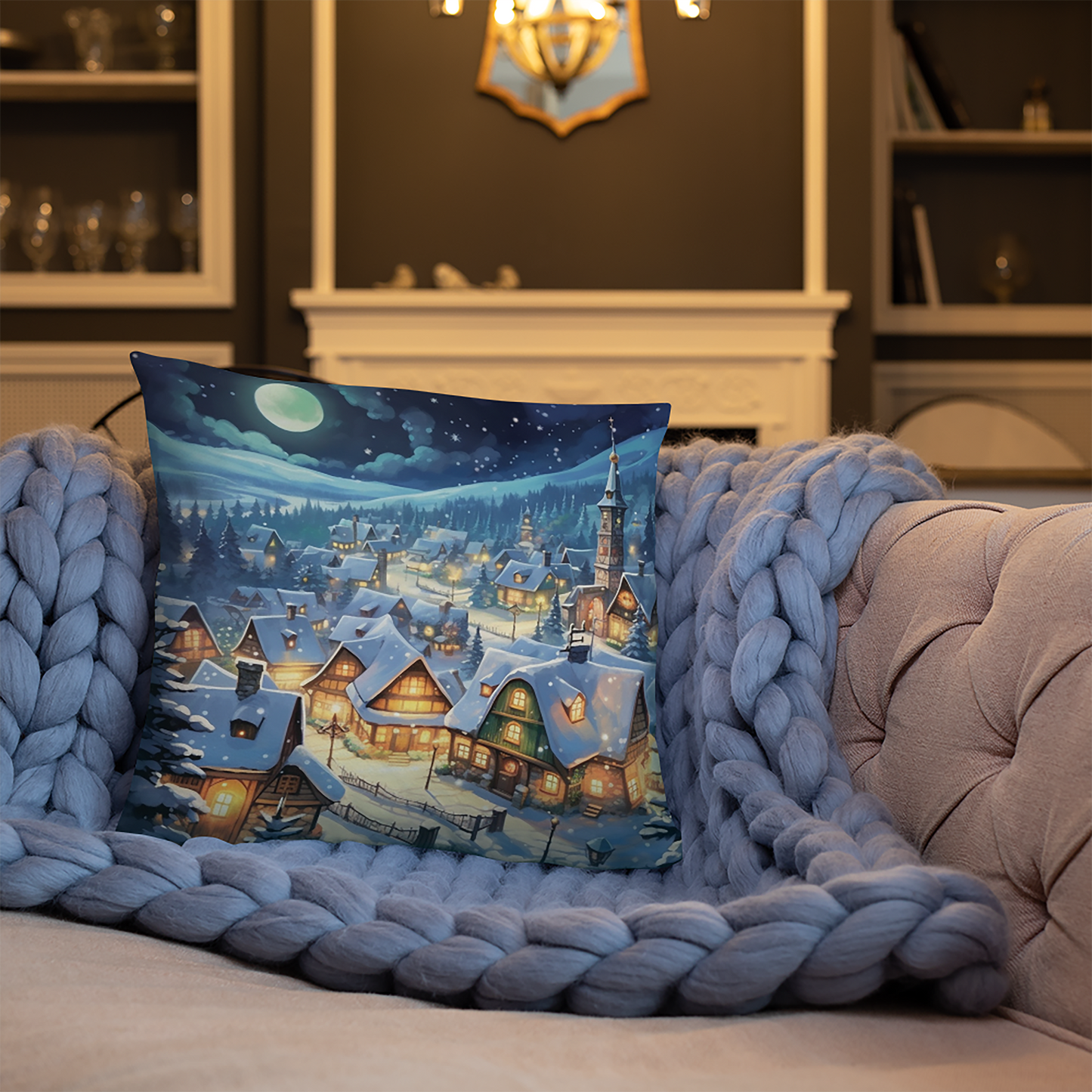 Christmas Throw Pillow Moonlit Village Polyester Decorative Cushion 18x18