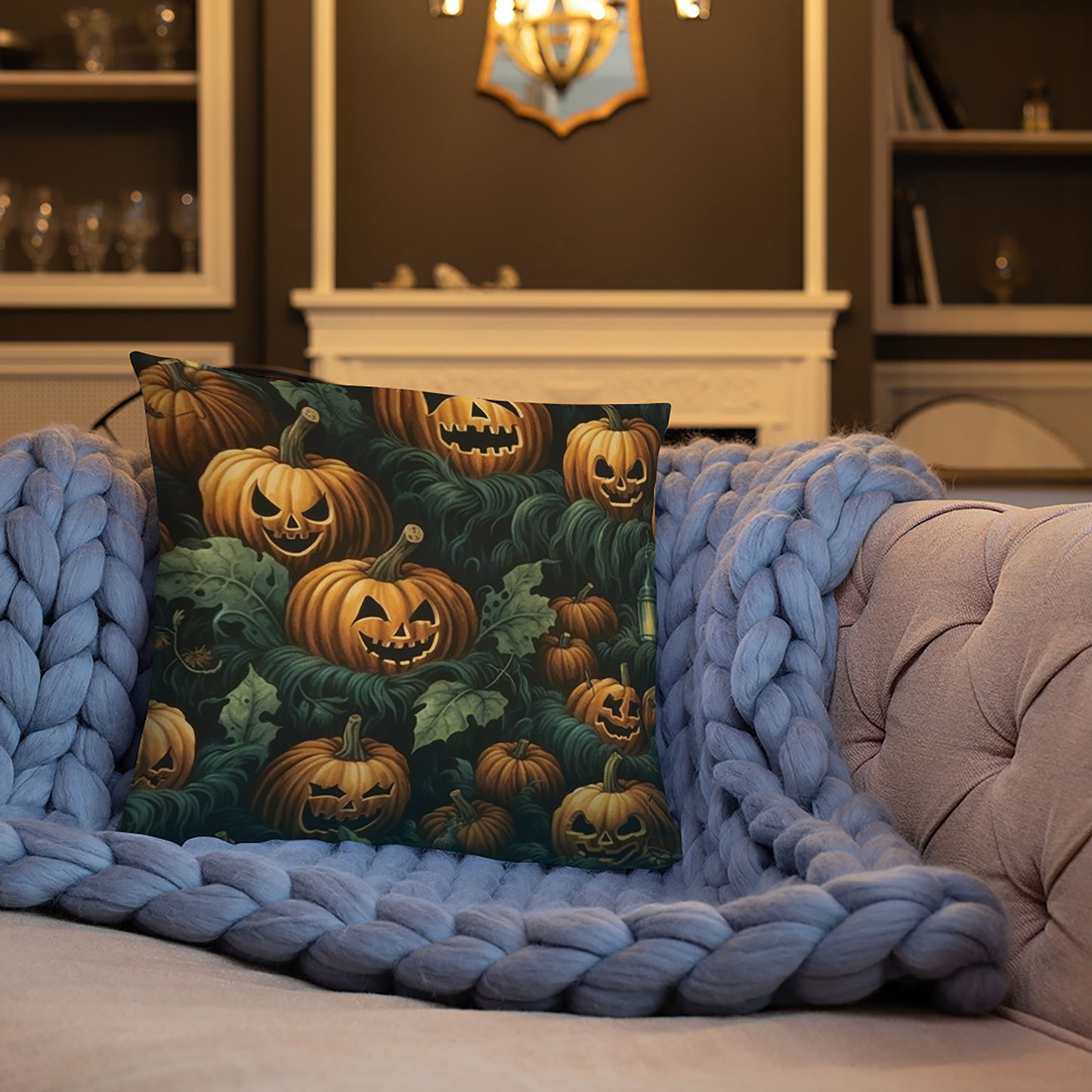 Halloween Throw Pillow Enchanted Twilight Pumpkin Foliage Polyester Decorative Cushion 18x18