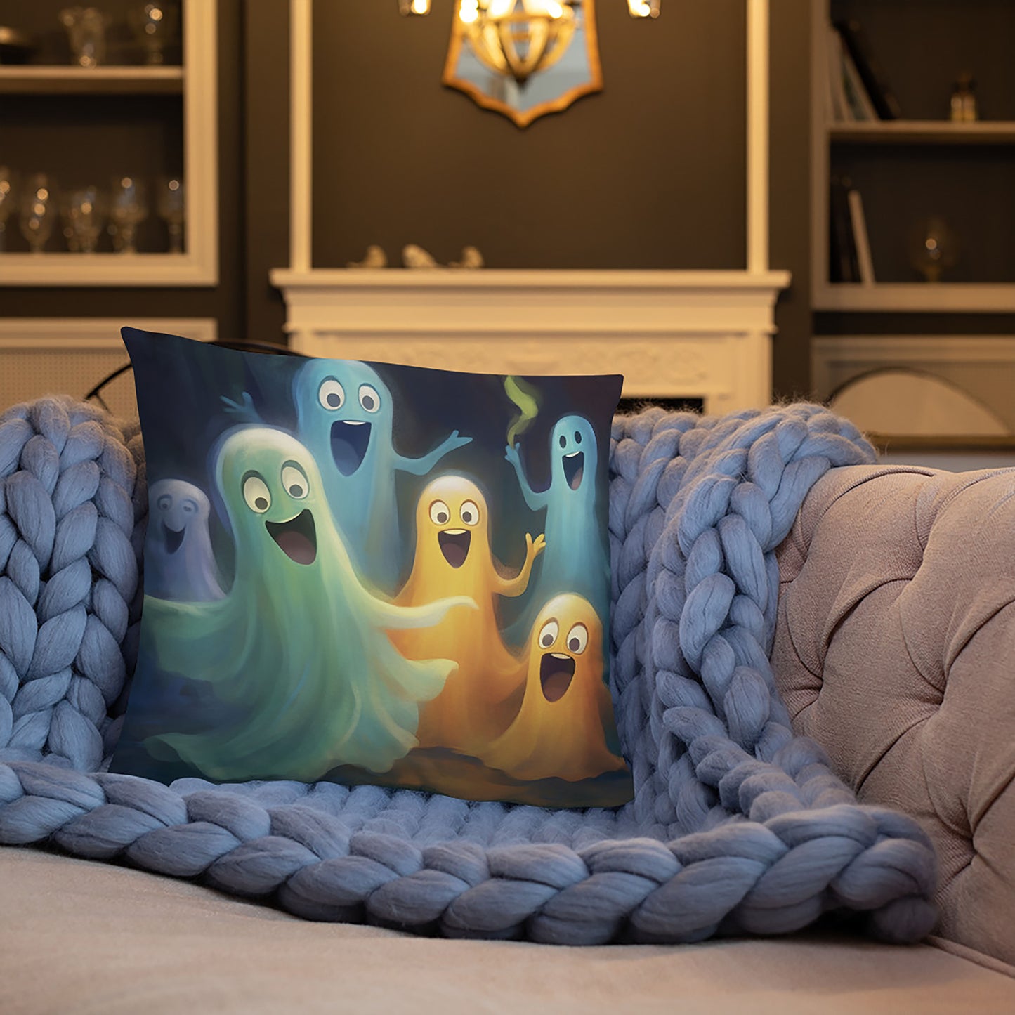 Halloween Throw Pillow Playful Mischief Ghosts Polyester Decorative Cushion 18x18