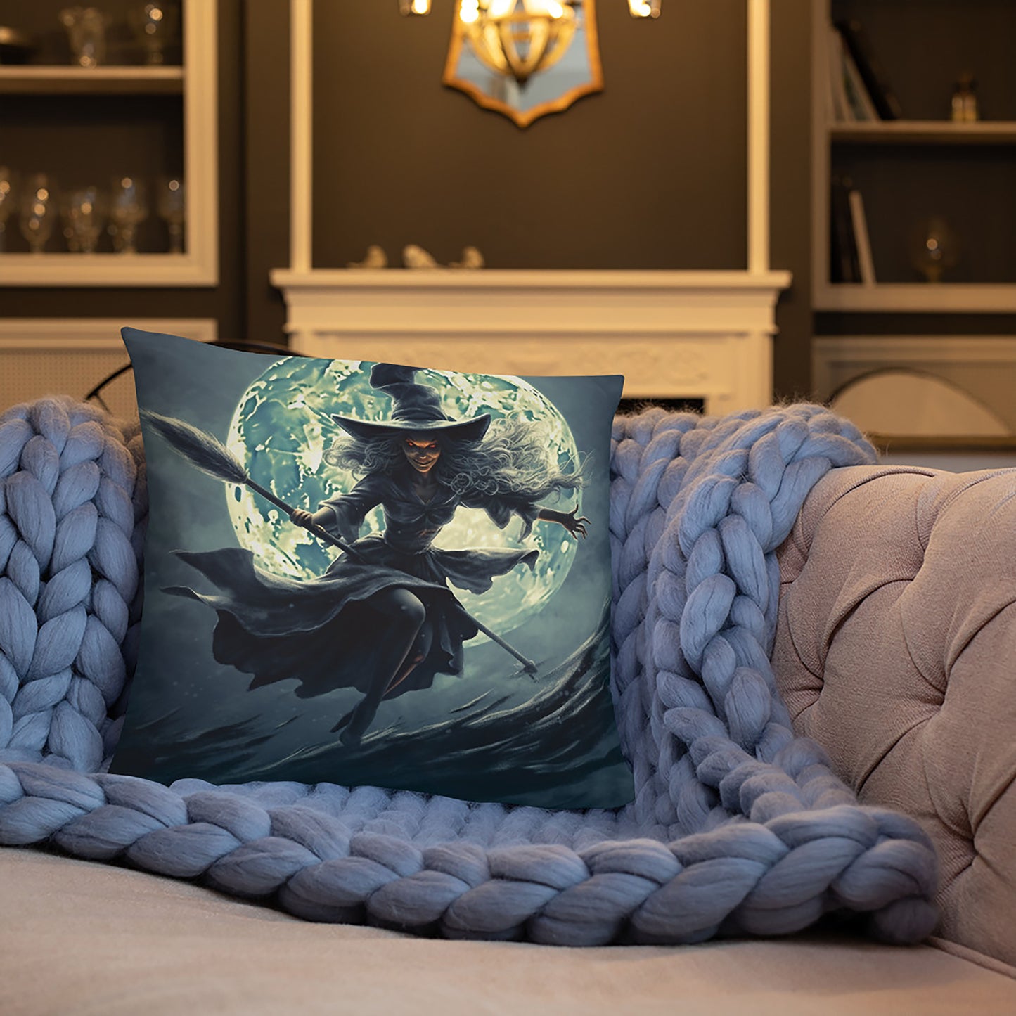 Halloween Throw Pillow Midnight Witch's Flight Polyester Decorative Cushion 18x18