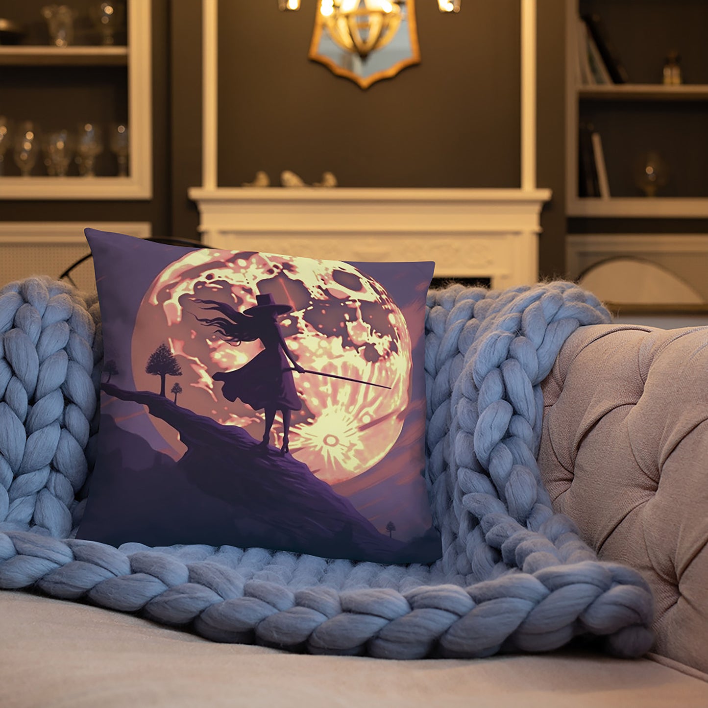 Halloween Throw Pillow Mystical Moonlit Witch Polyester Decorative Cushion 18x18