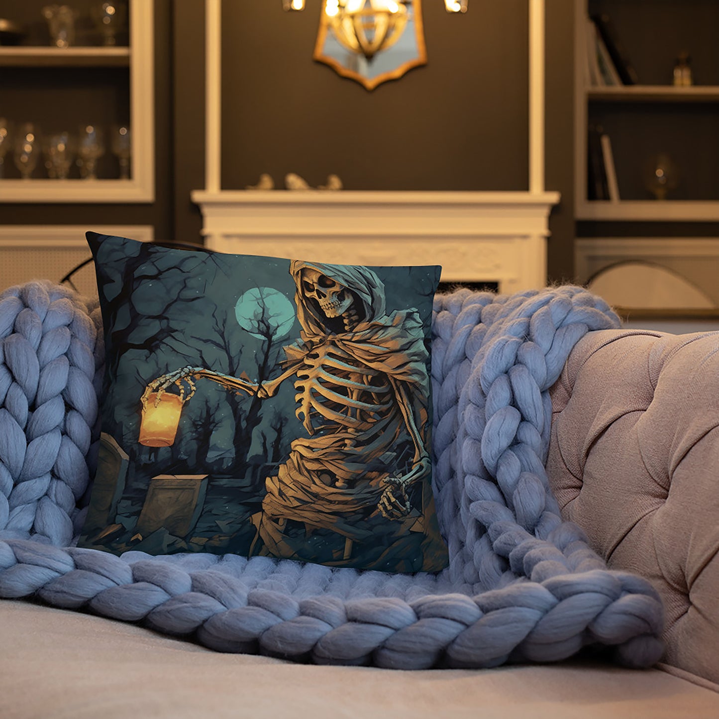 Halloween Throw Pillow Glaring Skeleton Graveyard Lantern Polyester Decorative Cushion 18x18
