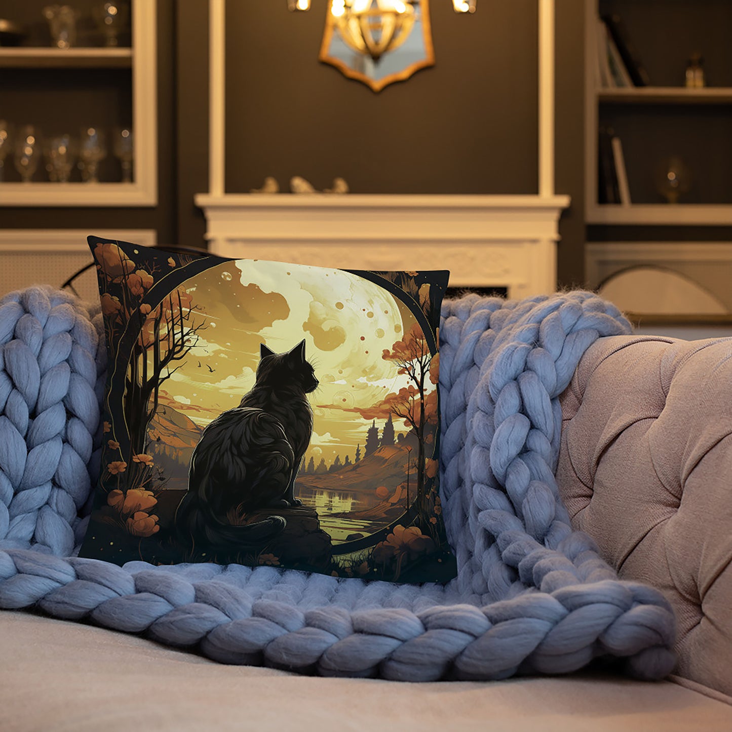 Halloween Throw Pillow Moon Watcher Black Cat Wilderness Polyester Decorative Cushion 18x18