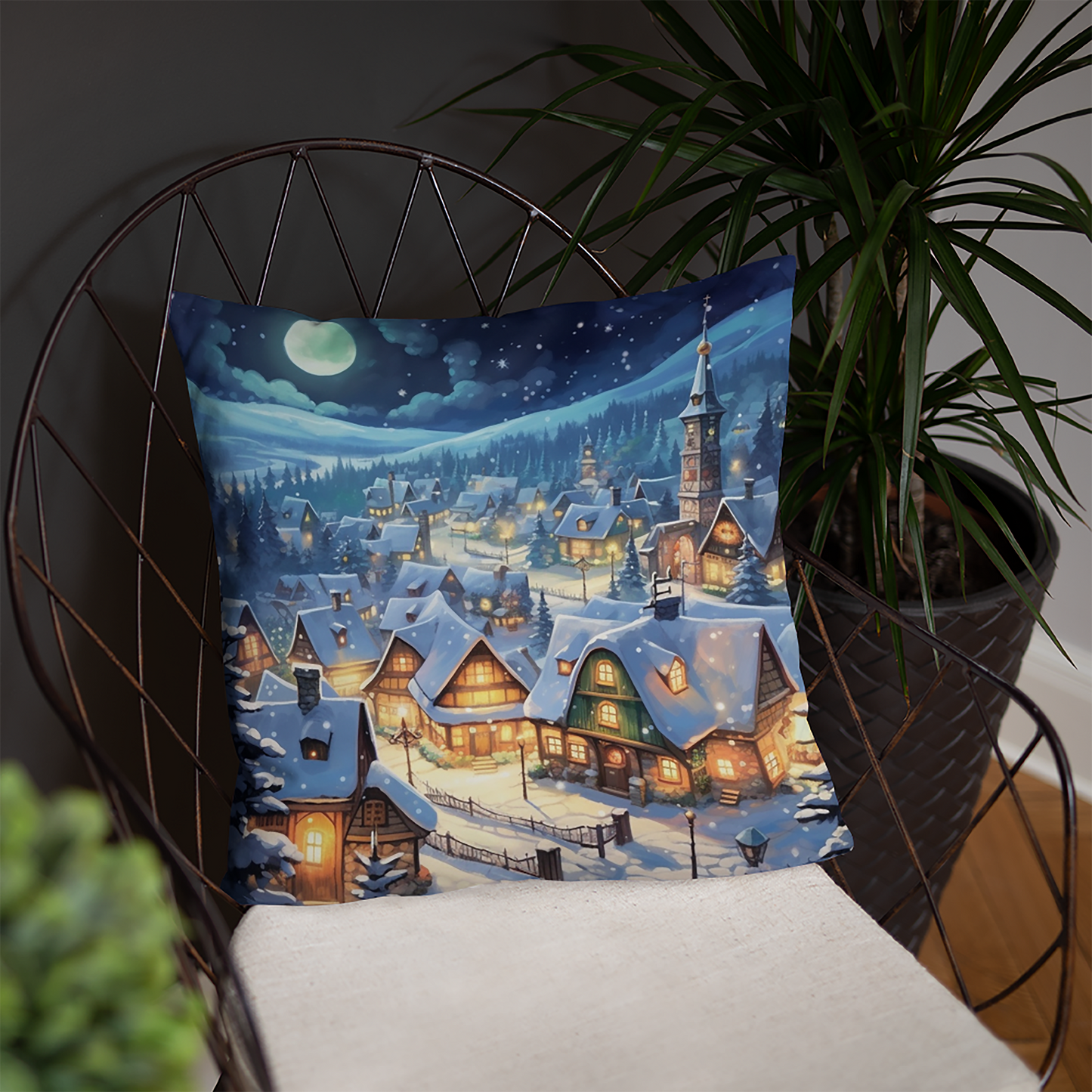 Christmas Throw Pillow Moonlit Village Polyester Decorative Cushion 18x18