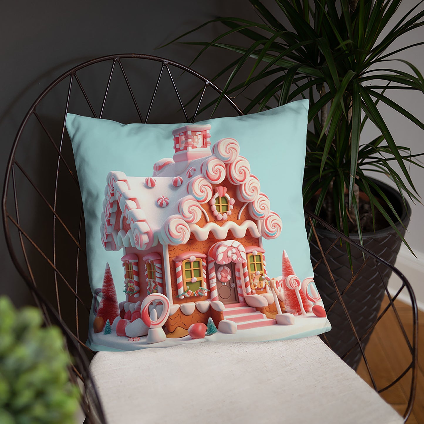 Christmas Throw Pillow Charming Gingerbread House Polyester Decorative Cushion 18x18