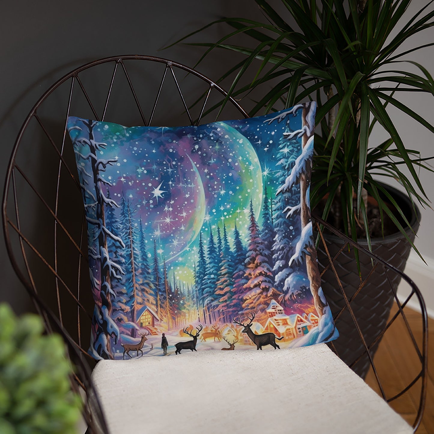 Christmas Throw Pillow Winter's Dream Northern Lights Polyester Decorative Cushion 18x18