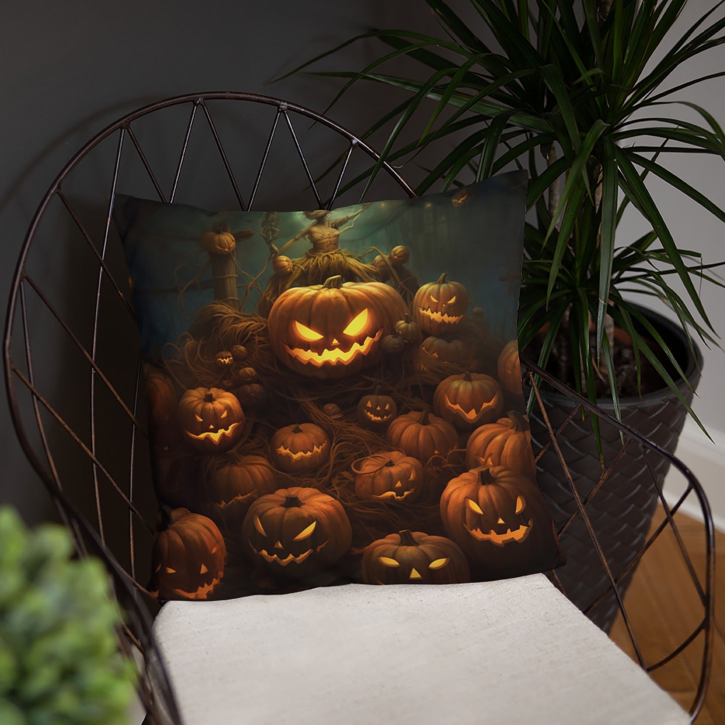 Halloween Throw Pillow Pumpkin Pile in Enchanted Forest Polyester Decorative Cushion 18x18