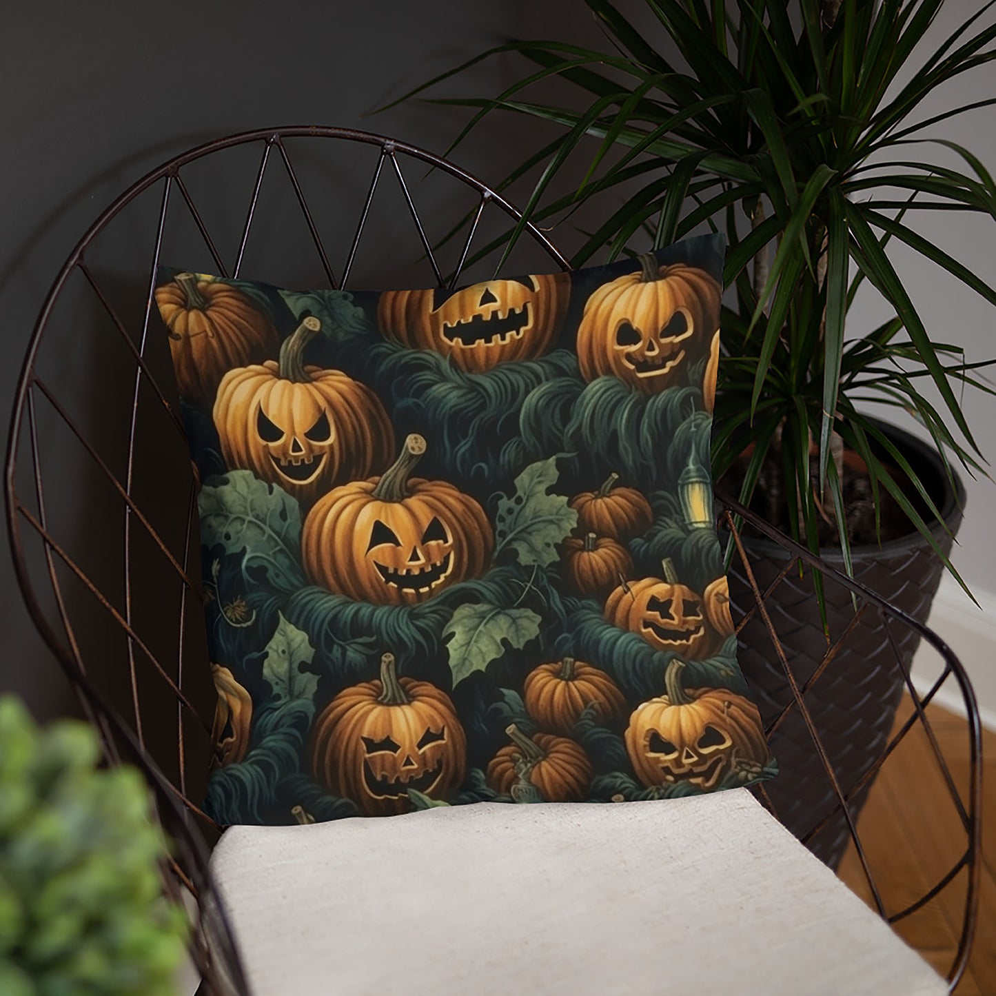Halloween Throw Pillow Enchanted Twilight Pumpkin Foliage Polyester Decorative Cushion 18x18