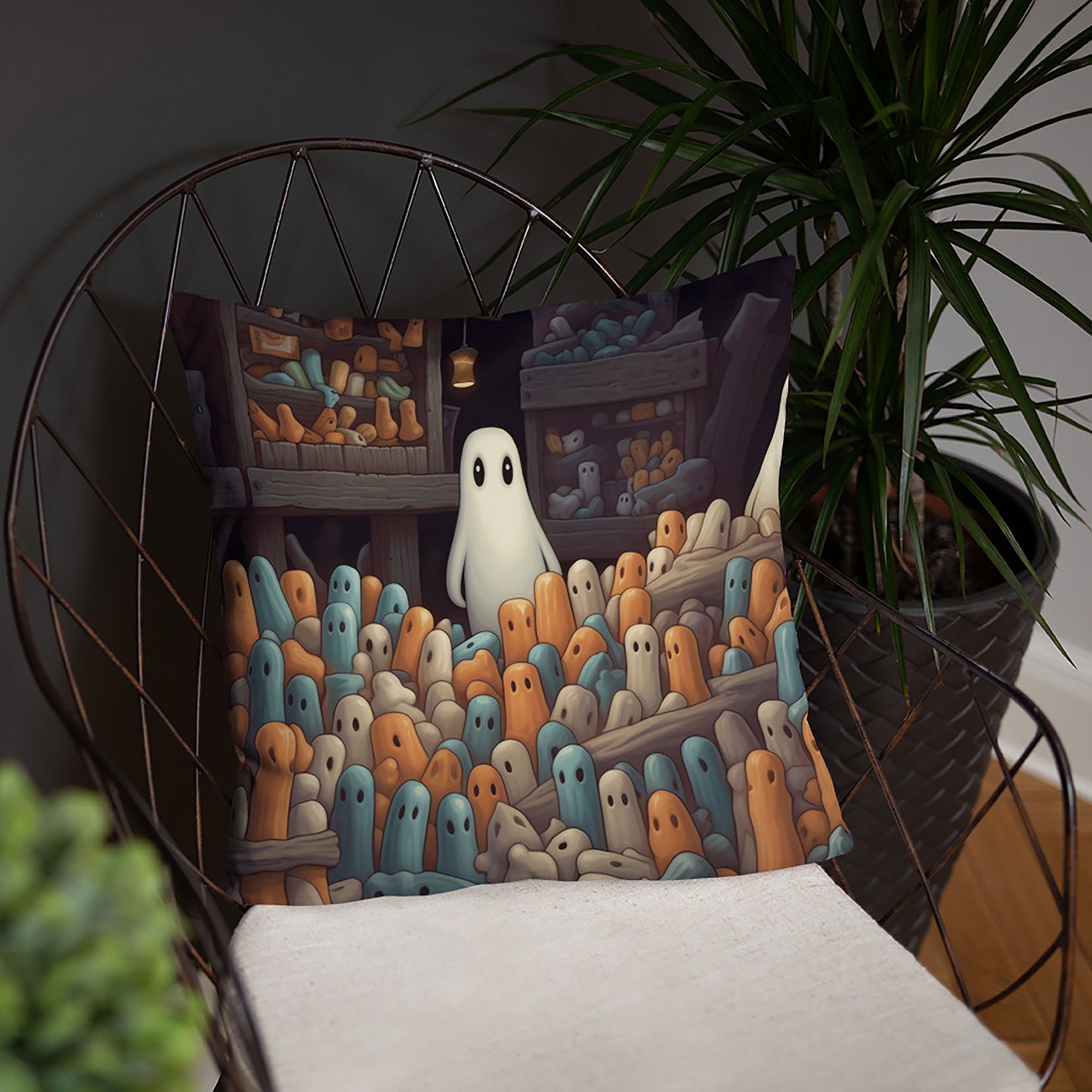 Halloween Throw Pillow Ghosts and Toy Sculptures Polyester Decorative Cushion 18x18