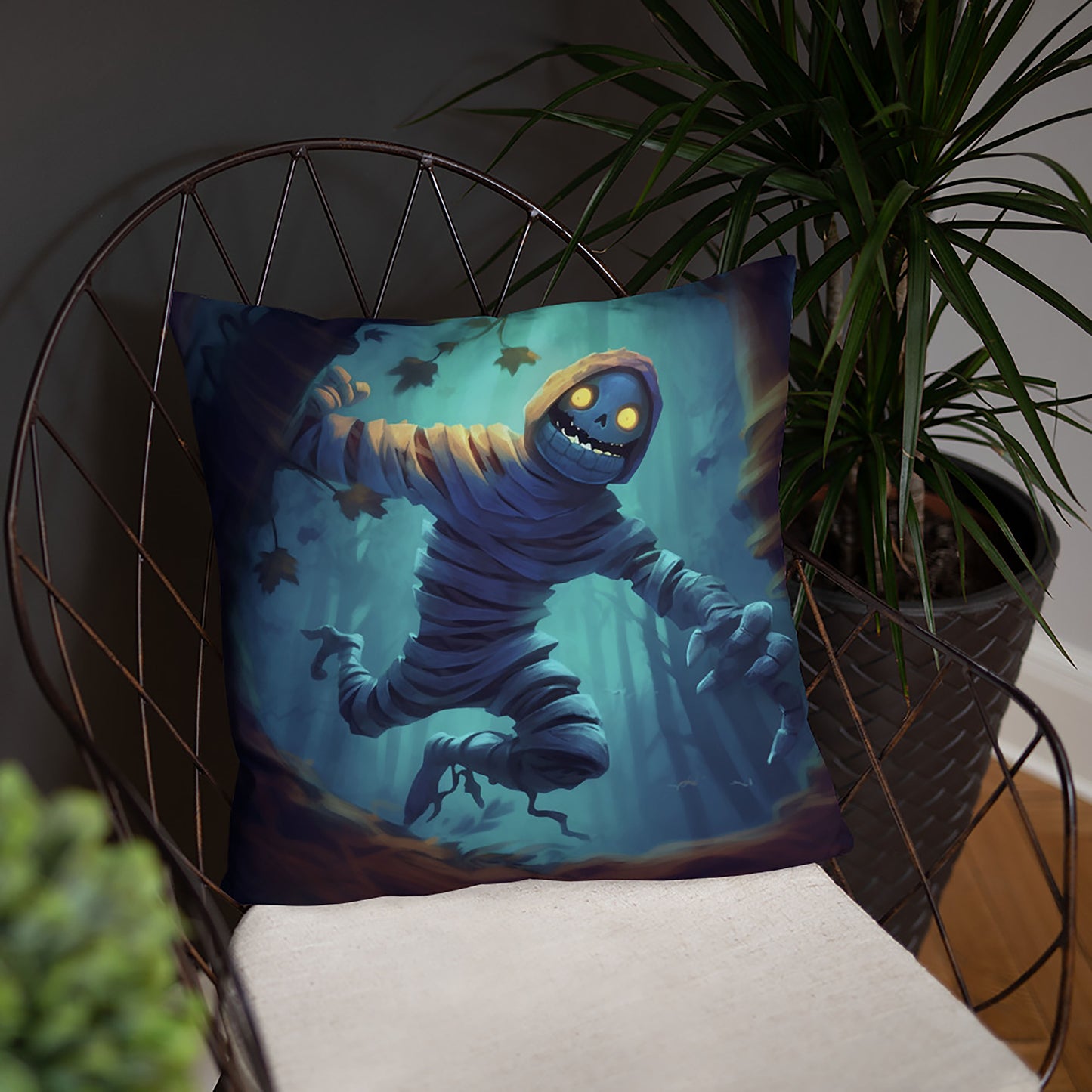 Halloween Throw Pillow Playful Mummy Creature Polyester Decorative Cushion 18x18