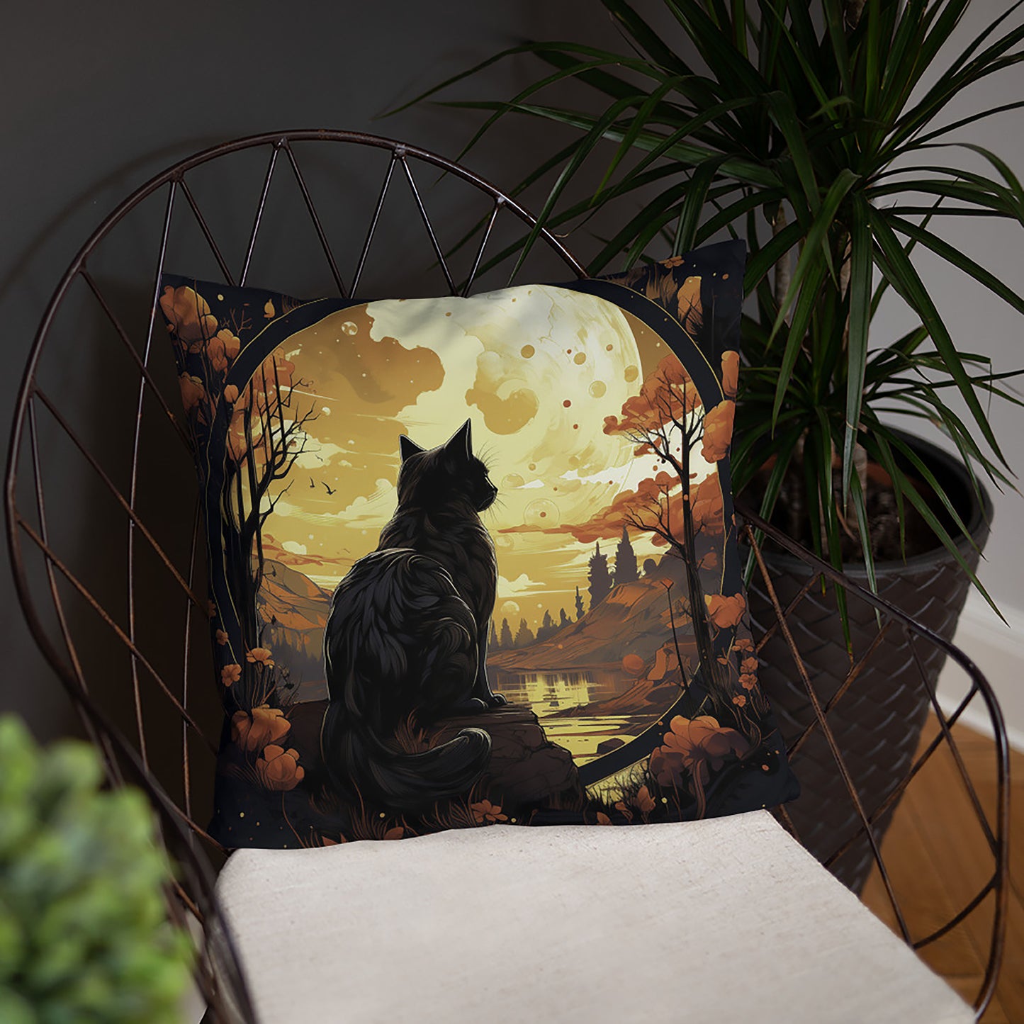 Halloween Throw Pillow Moon Watcher Black Cat Wilderness Polyester Decorative Cushion 18x18