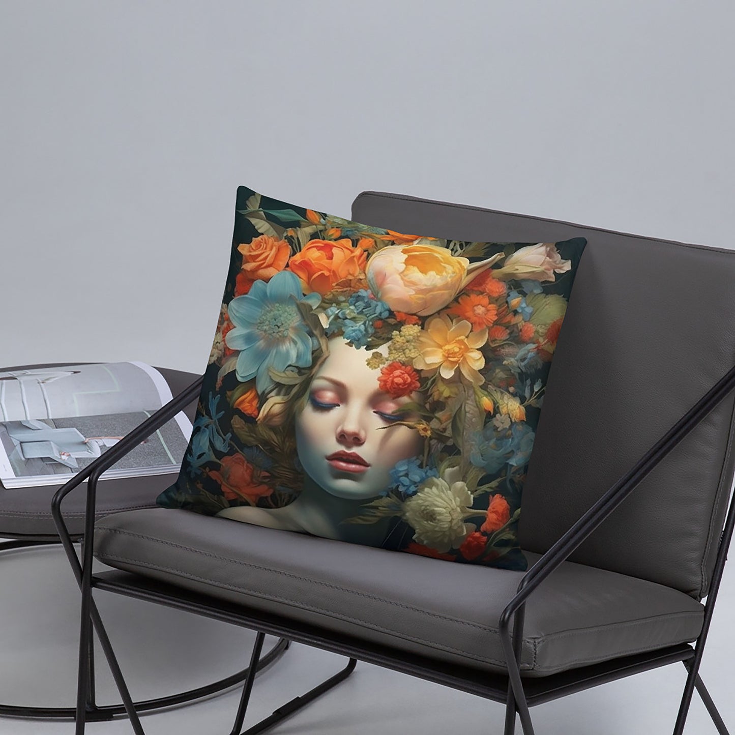 Floral Throw Pillow Female Muse Artistic Polyester Decorative Cushion 18x18