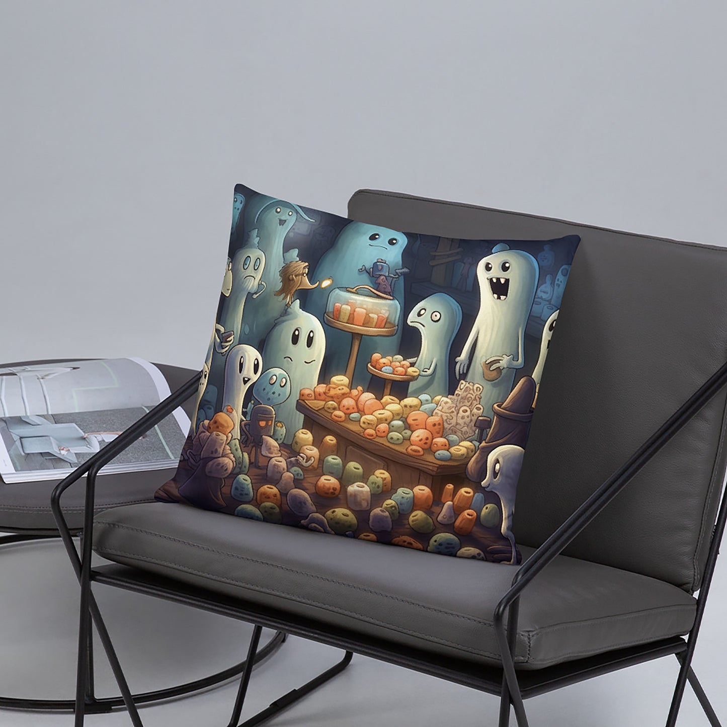 Halloween Throw Pillow Ghostly Shopkeepers Polyester Decorative Cushion 18x18