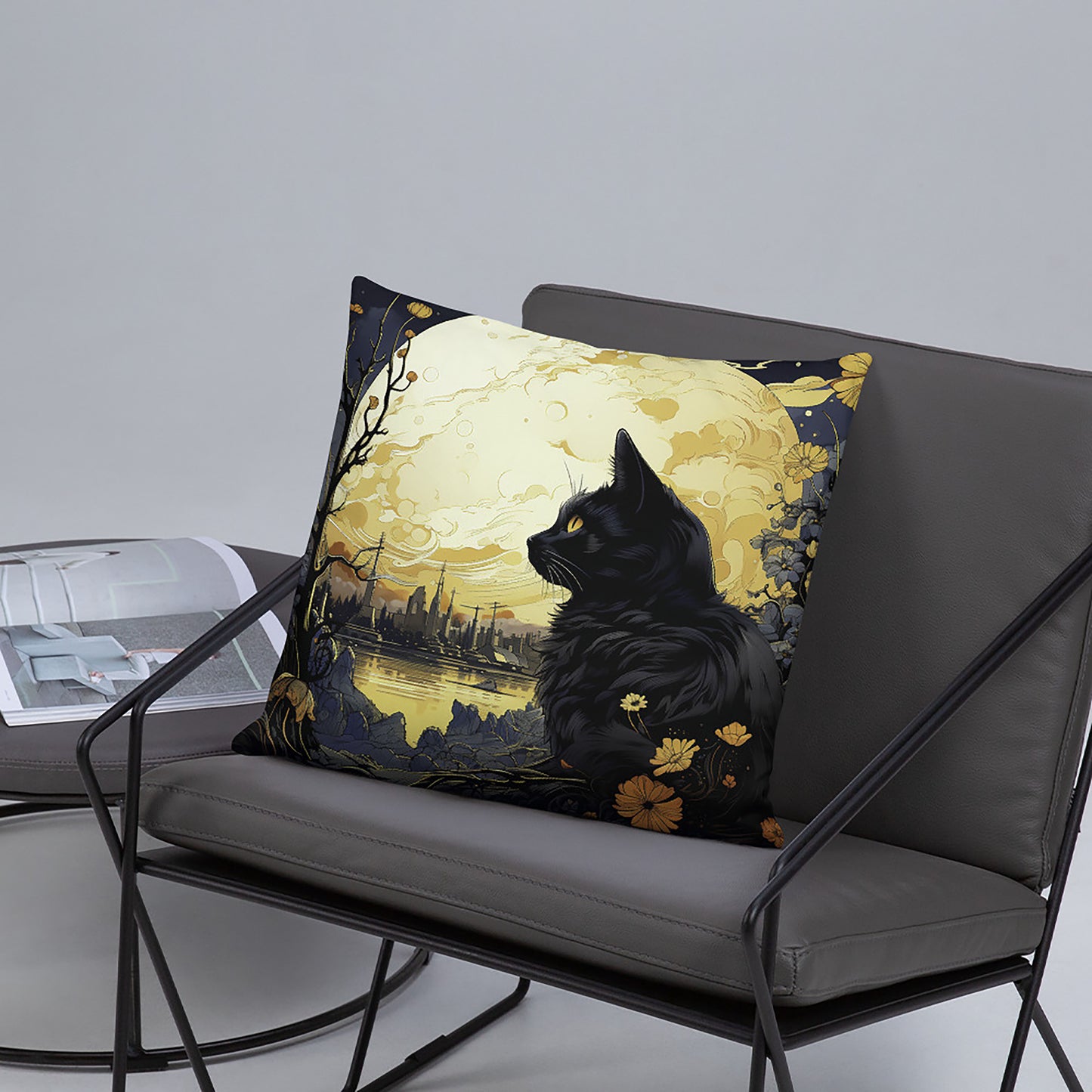 Halloween Throw Pillow Gothic Metropolis Black Cat Moonlight Polyester Decorative Cushion 18x18
