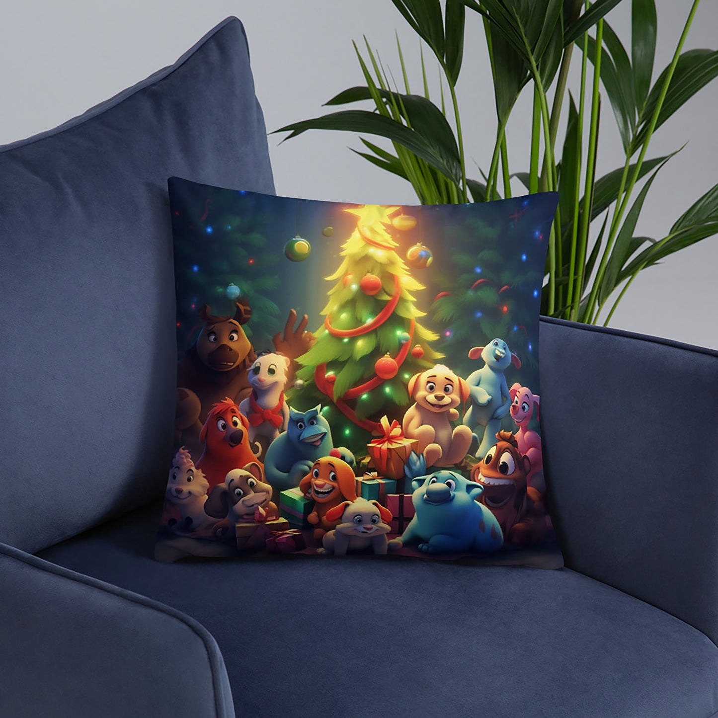 Christmas Throw Pillow Festive Animal Gathering Polyester Decorative Cushion 18x18
