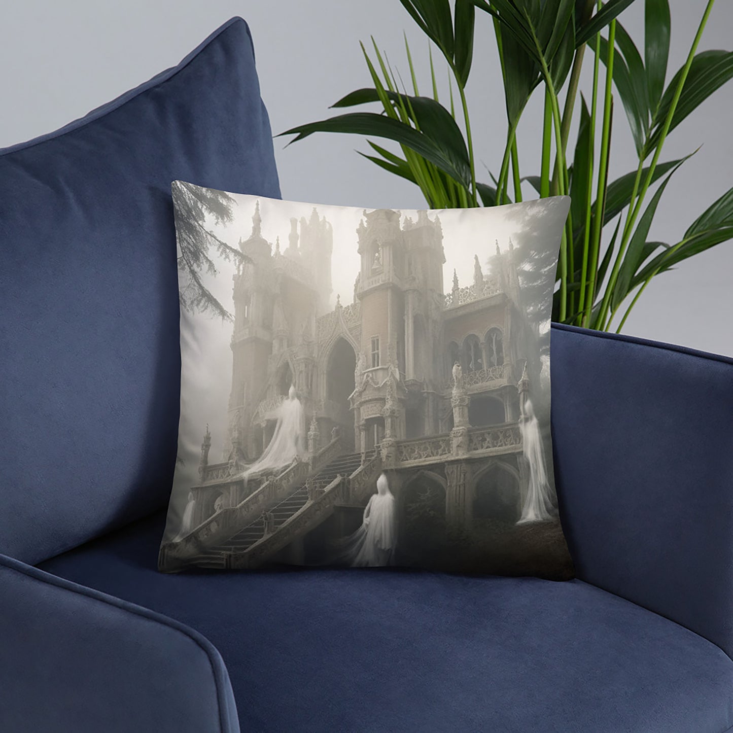 Halloween Throw Pillow Gothic Ghosts and Castle Mist Polyester Decorative Cushion 18x18