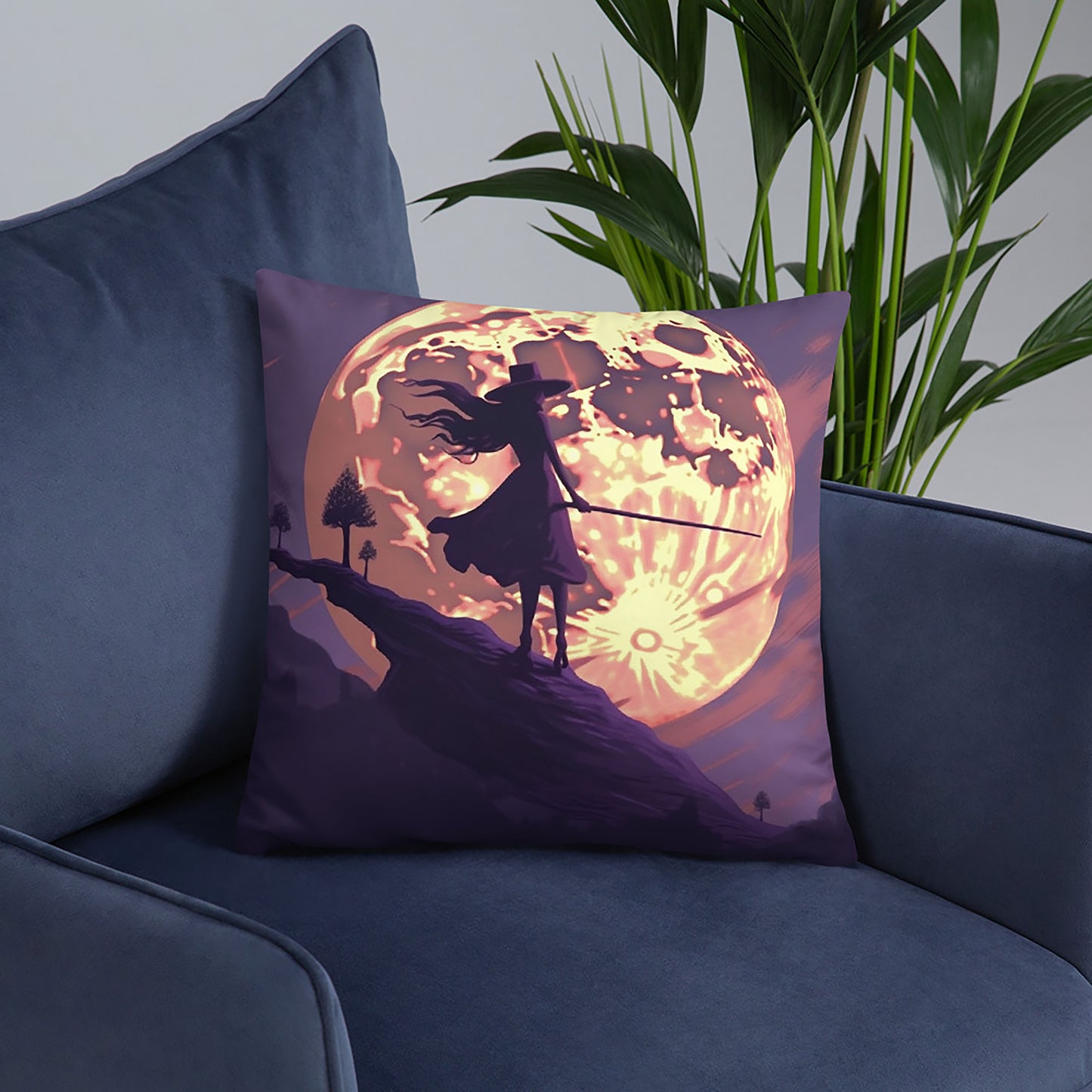 Halloween Throw Pillow Mystical Moonlit Witch Polyester Decorative Cushion 18x18