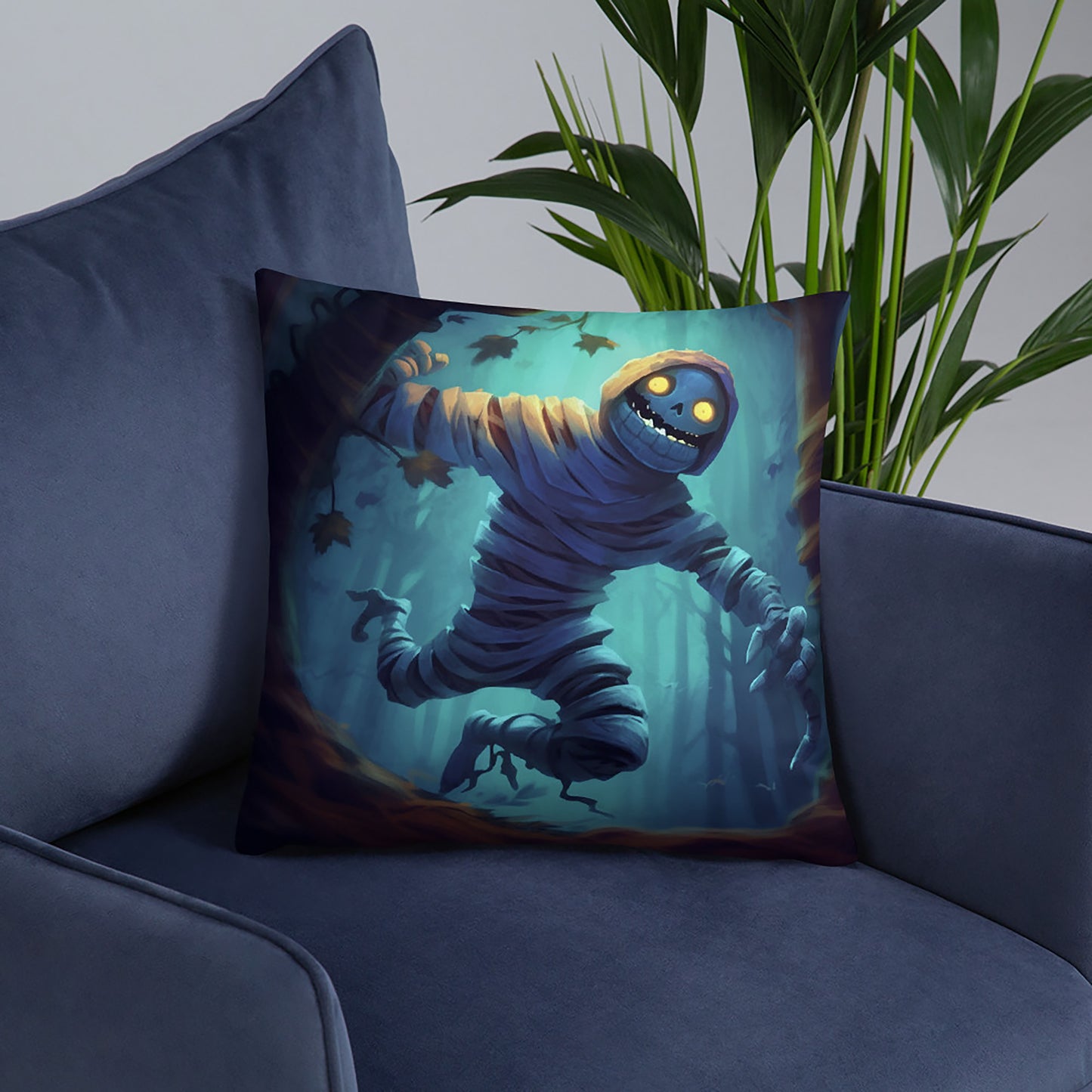Halloween Throw Pillow Playful Mummy Creature Polyester Decorative Cushion 18x18