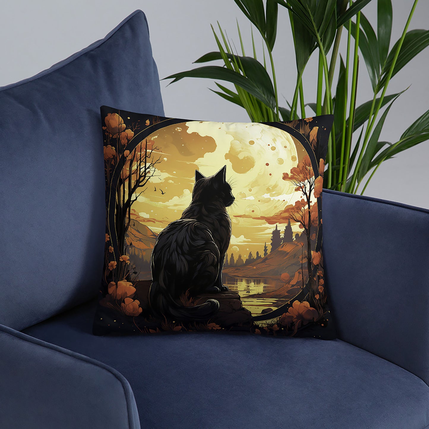 Halloween Throw Pillow Moon Watcher Black Cat Wilderness Polyester Decorative Cushion 18x18