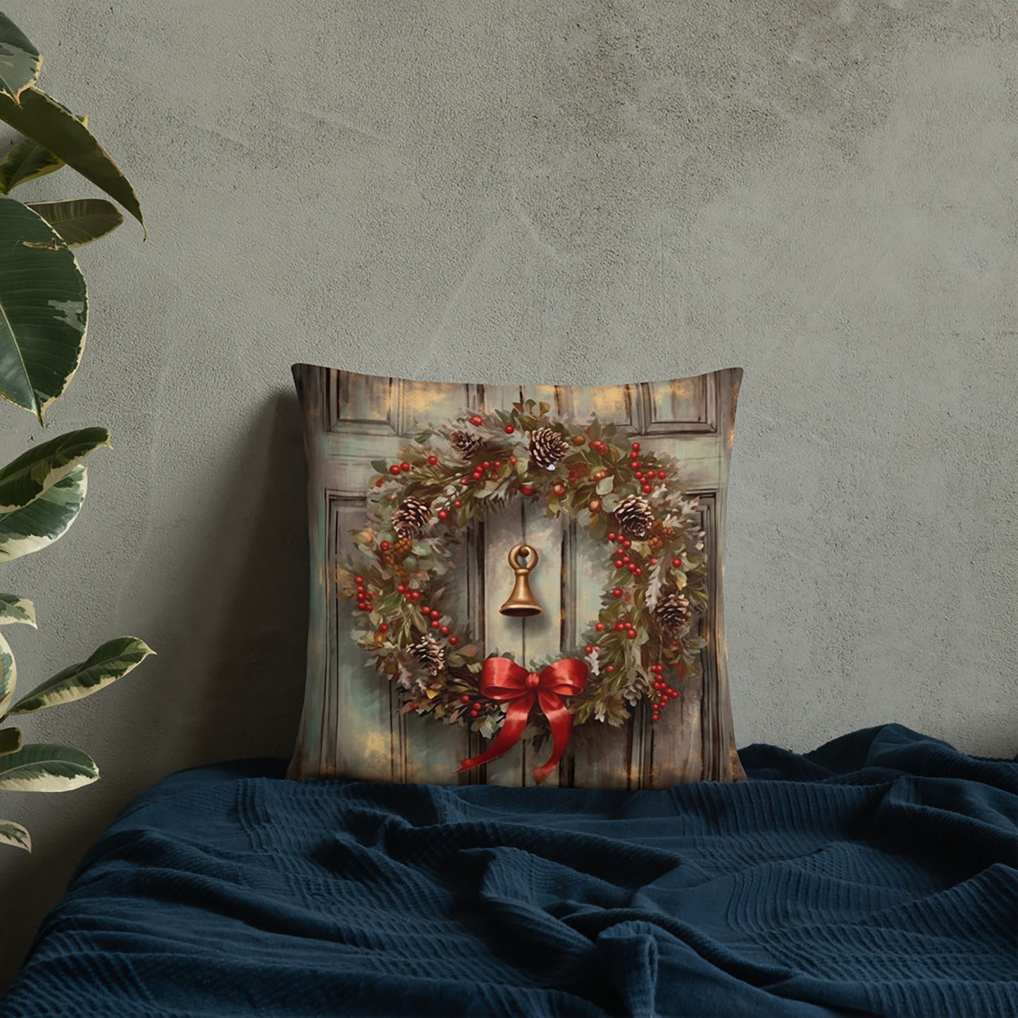 Christmas Throw Pillow Wreath Doorway Polyester Decorative Cushion 18x18