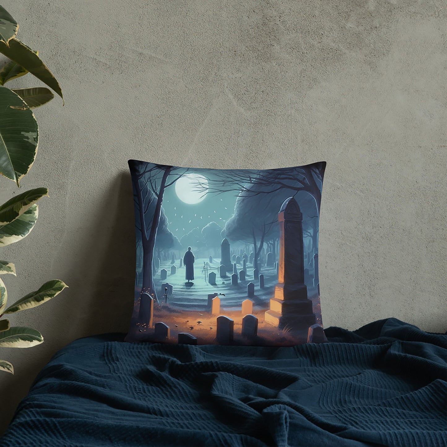 Halloween Throw Pillow Haunted Cemetery Polyester Decorative Cushion 18x18
