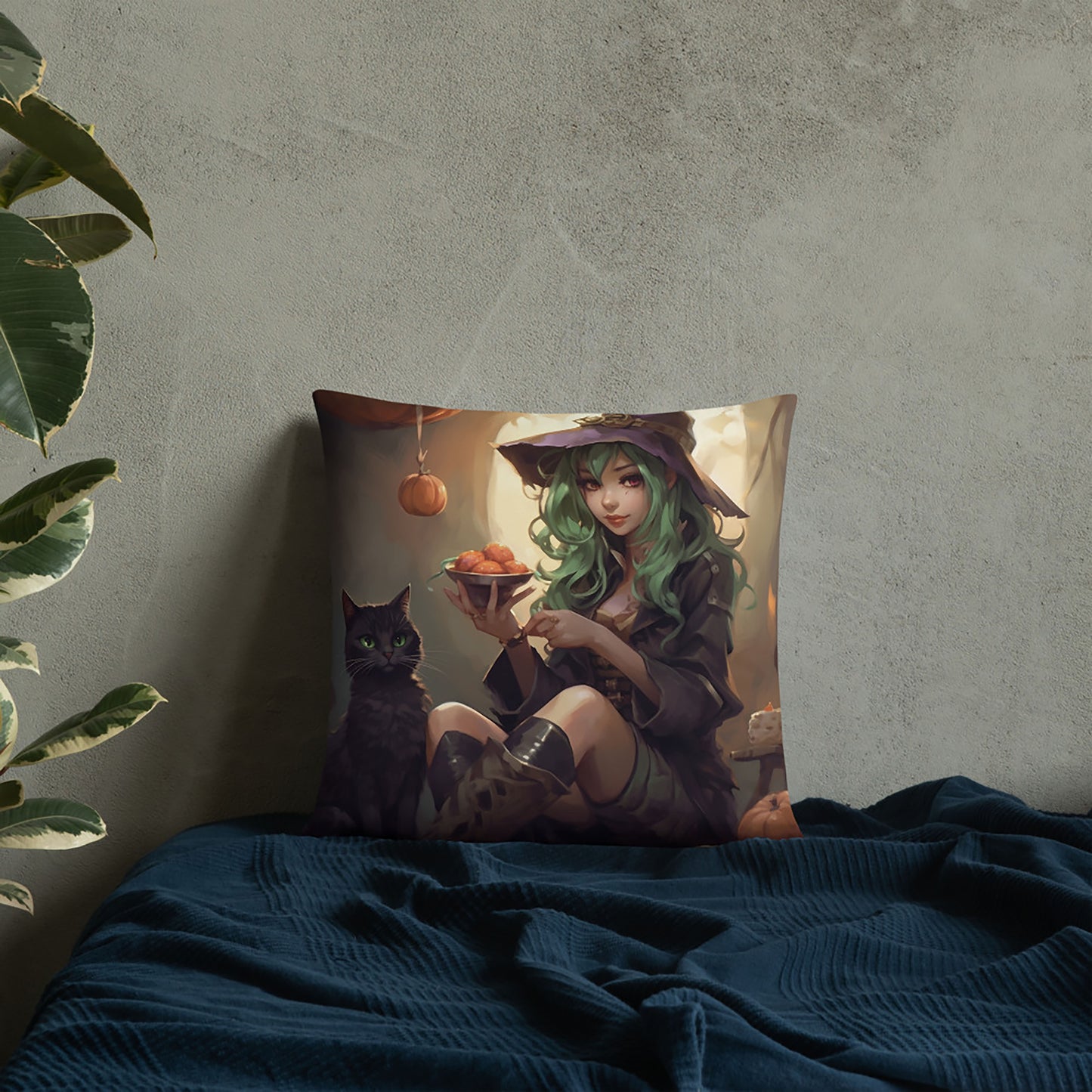 Halloween Throw Pillow Witch Girl and Cat Anime Polyester Decorative Cushion 18x18