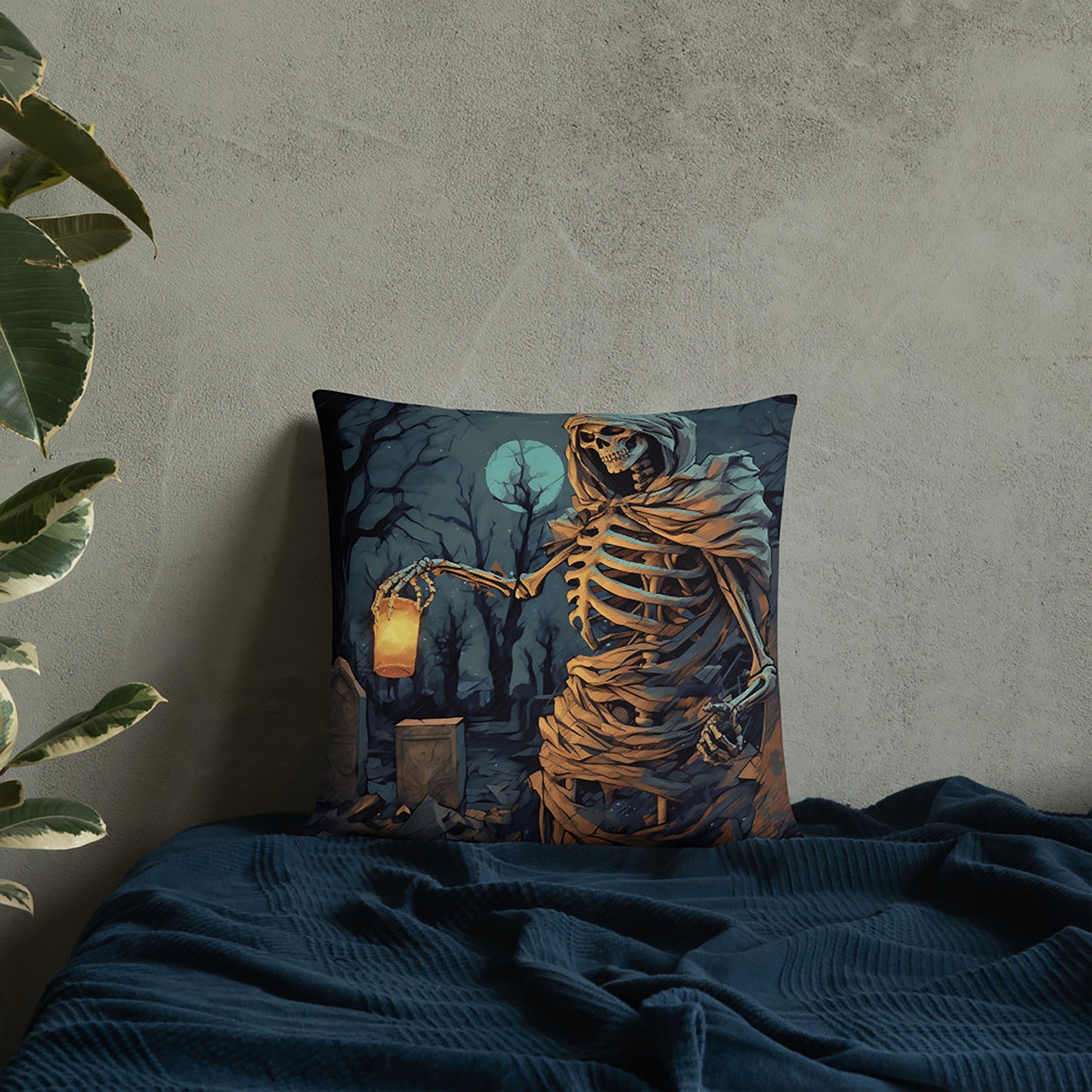 Halloween Throw Pillow Glaring Skeleton Graveyard Lantern Polyester Decorative Cushion 18x18