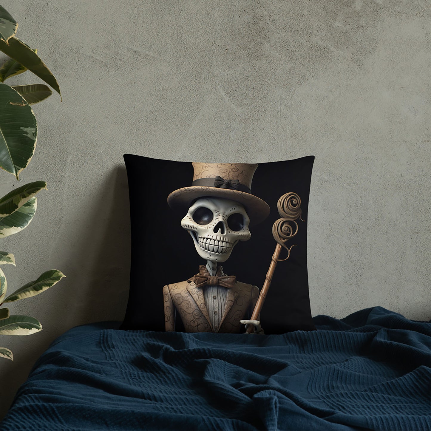 Halloween Throw Pillow Charming Skeleton with Top Hat and Cane Polyester Decorative Cushion 18x18