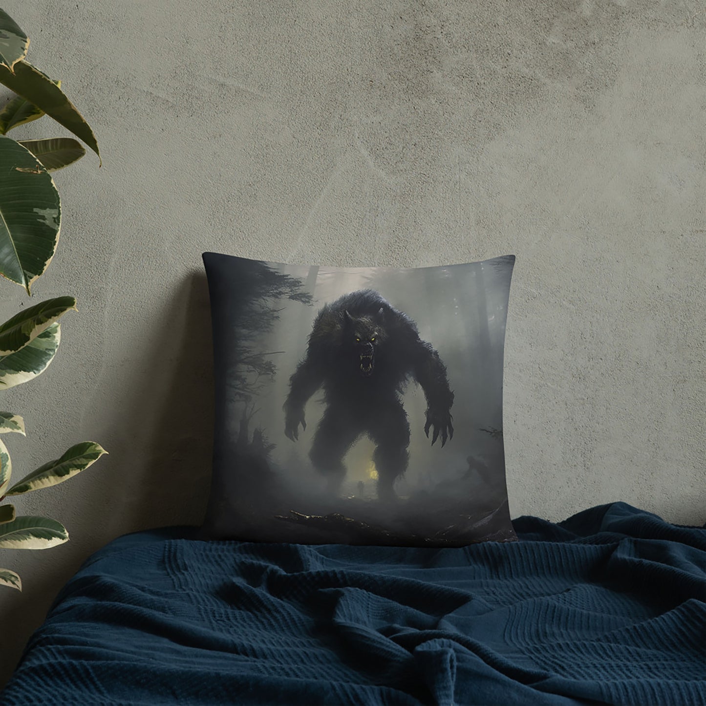 Halloween Throw Pillow Epic Portraiture of Foggy Day Werewolf Polyester Decorative Cushion 18x18