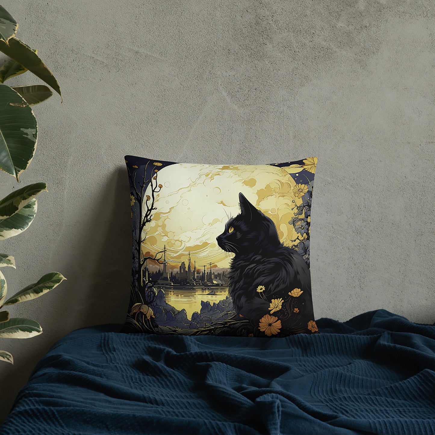 Halloween Throw Pillow Gothic Metropolis Black Cat Moonlight Polyester Decorative Cushion 18x18