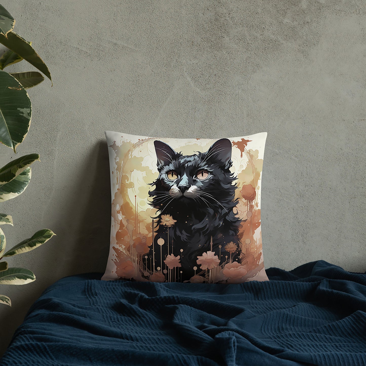 Halloween Throw Pillow Feline Blossom Vibrant Black Cat Portrait Polyester Decorative Cushion 18x18