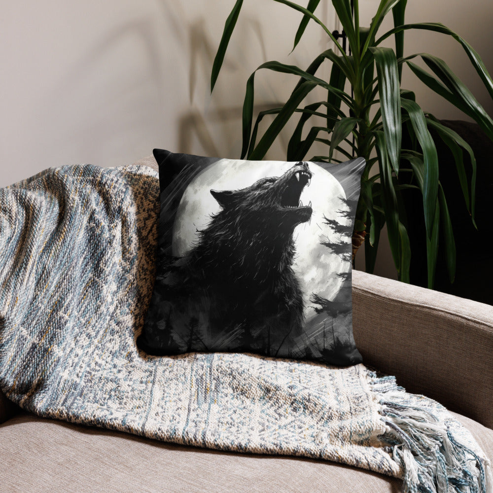 Halloween Throw Pillow Monochrome Moonlight Werewolf Howl Polyester Decorative Cushion 18x18