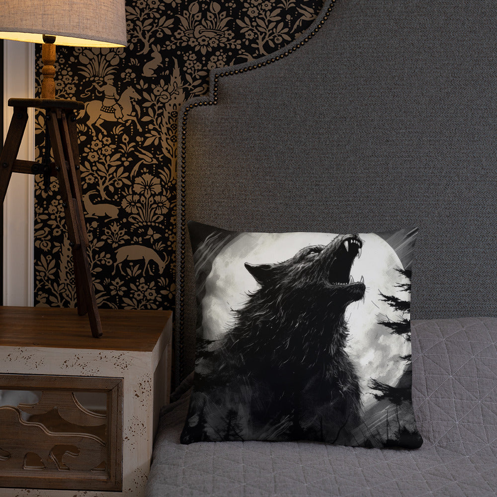 Halloween Throw Pillow Monochrome Moonlight Werewolf Howl Polyester Decorative Cushion 18x18