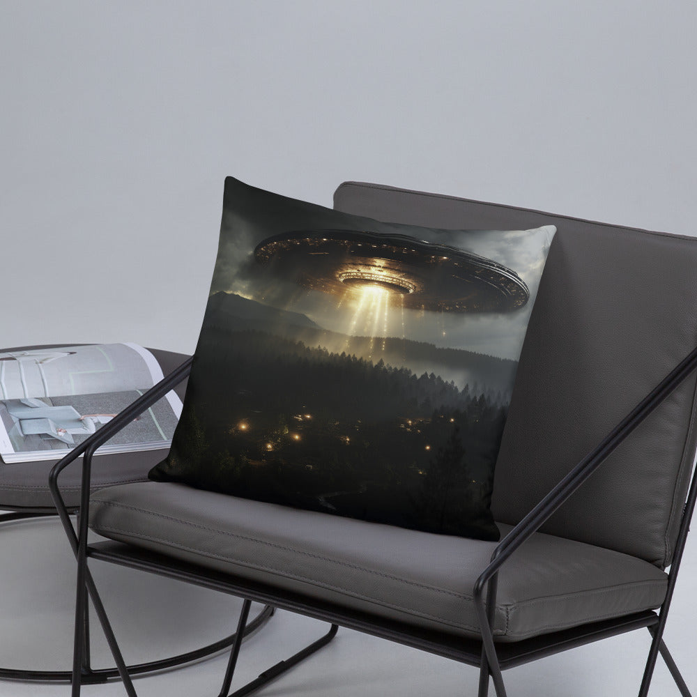 Space Throw Pillow Bronze Forest UFO Encounter Polyester Decorative Cushion 18x18