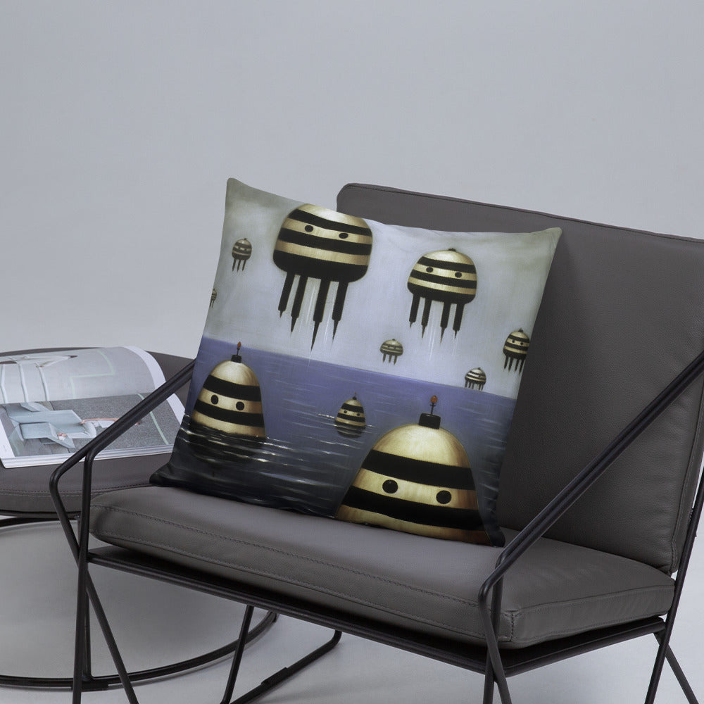 Space Throw Pillow Surreal Robotic UFO Fleet Polyester Decorative Cushion 18x18