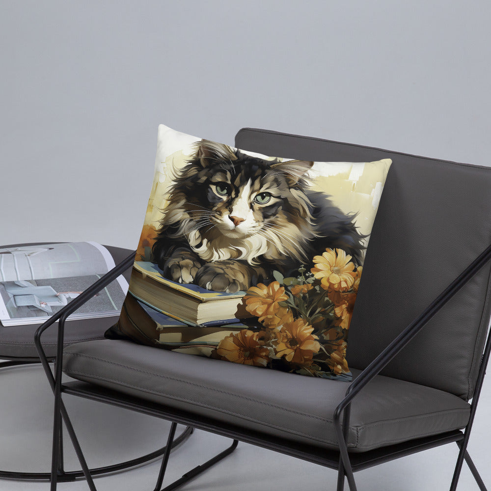 Cat Throw Pillow Floral Feline Study Graphic Illustration Polyester Decorative Cushion 18x18