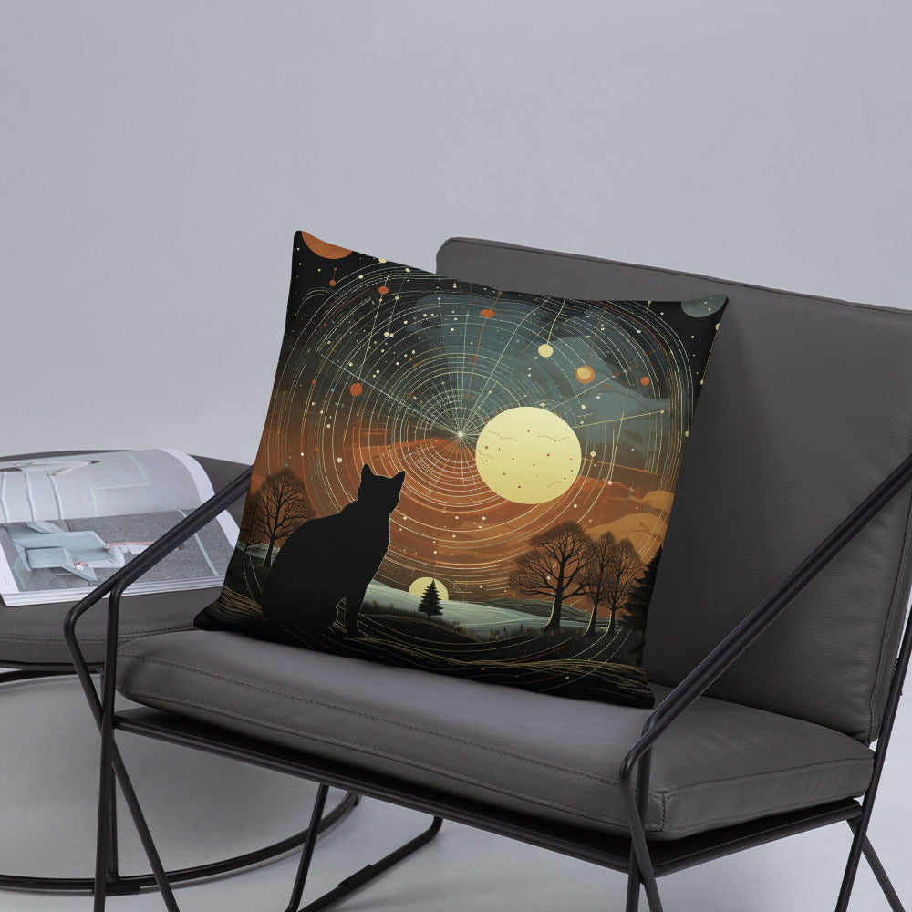 Cat Throw Pillow Stargazing Feline Cosmic Landscape Polyester Decorative Cushion 18x18