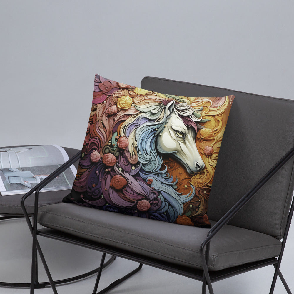 Horse Throw Pillow Sculptural Painted Horse and Roses Polyester Decorative Cushion 18x18