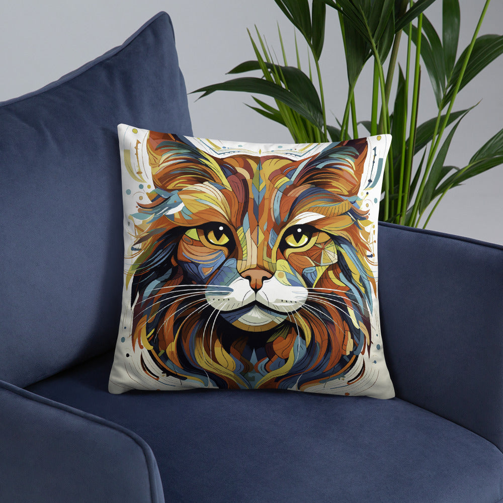Cat Throw Pillow Vibrant Geometric Feline Detailed Portrait Polyester Decorative Cushion 18x18