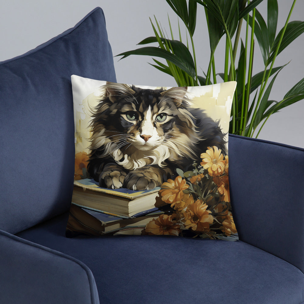 Cat Throw Pillow Floral Feline Study Graphic Illustration Polyester Decorative Cushion 18x18