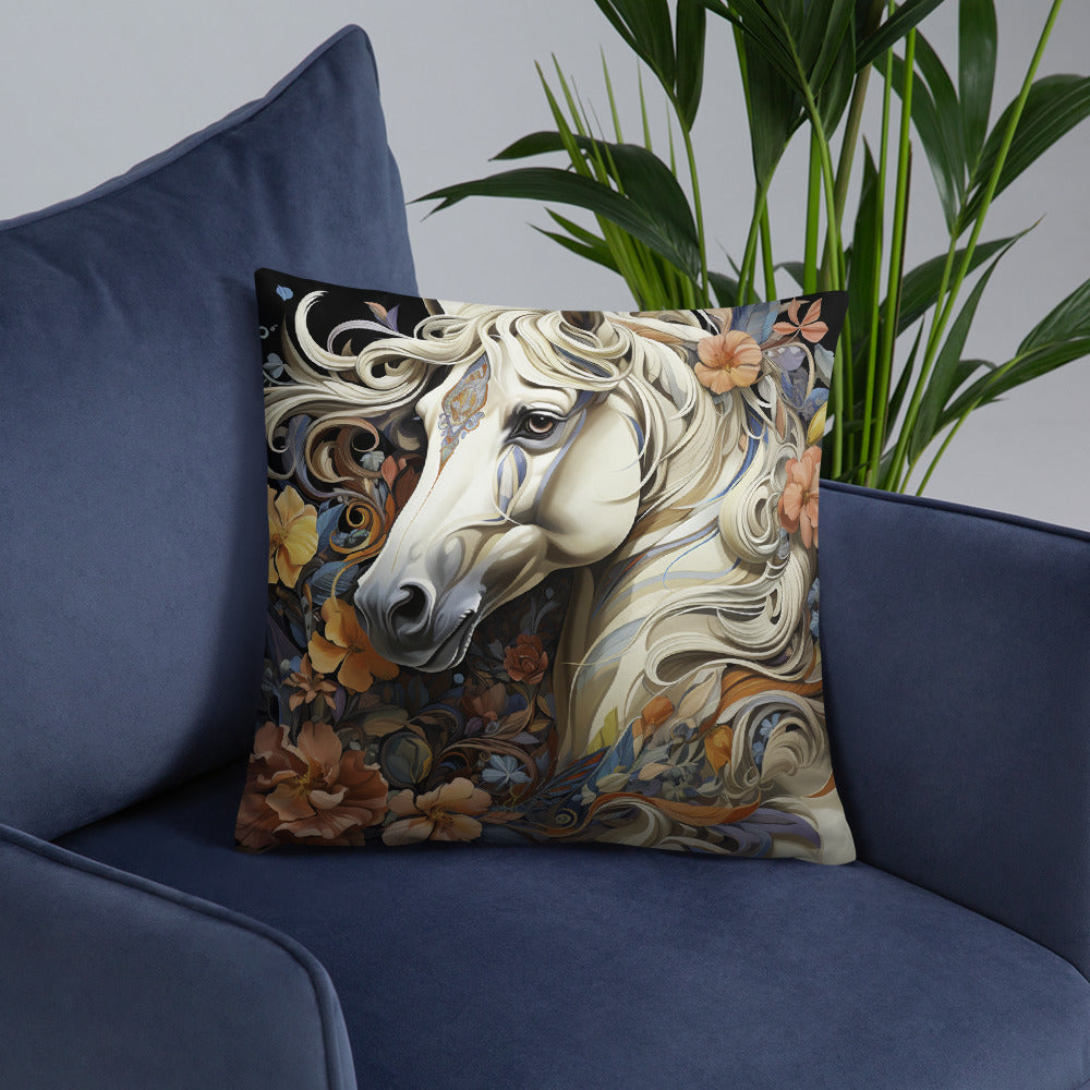 Horse Throw Pillow Floral Wonderland Horse Illustration Polyester Decorative Cushion 18x18