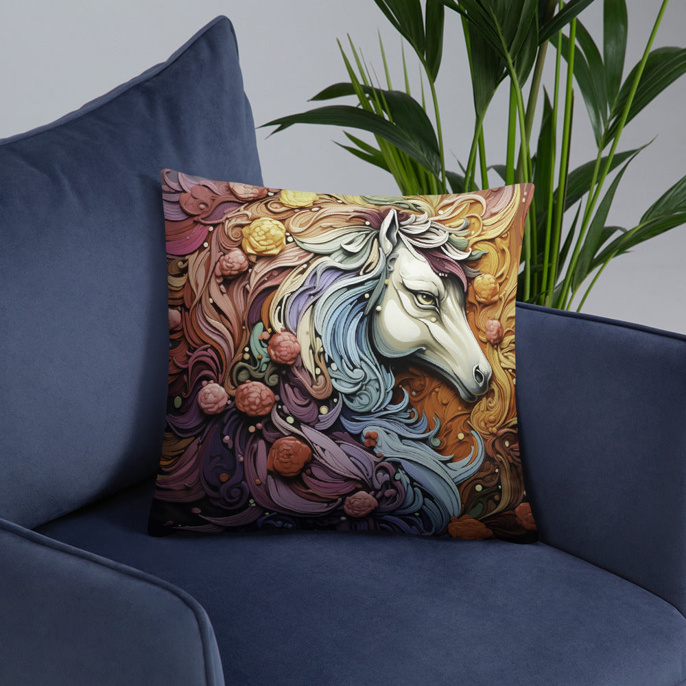 Horse Throw Pillow Sculptural Painted Horse and Roses Polyester Decorative Cushion 18x18