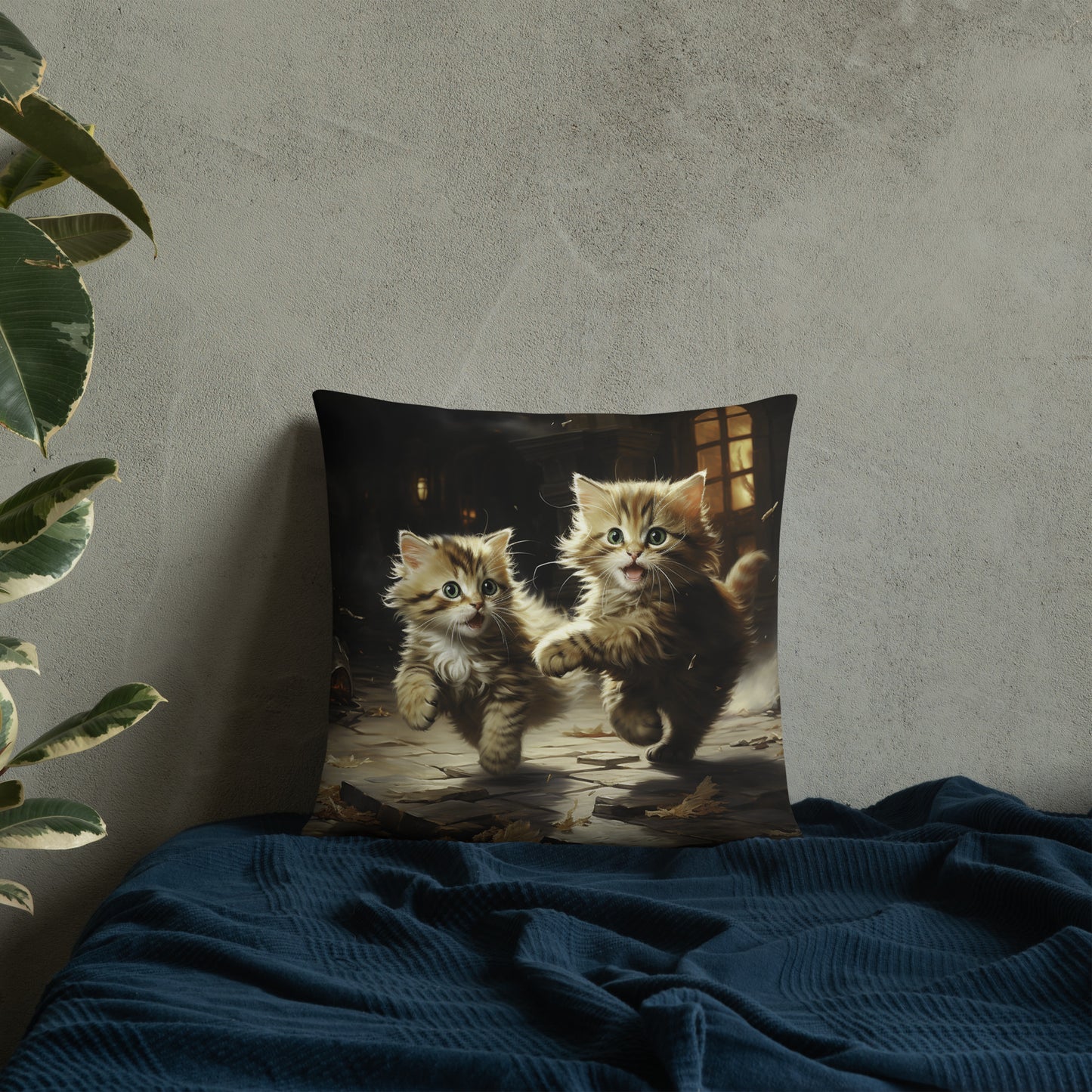 Cat Throw Pillow Stormy Frolic Fairytale Kittens Polyester Decorative Cushion 18x18